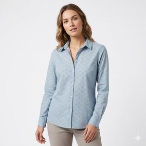 NICOLI Light Blue Printed 100% Cotton Button-Down Shirt Women's Small